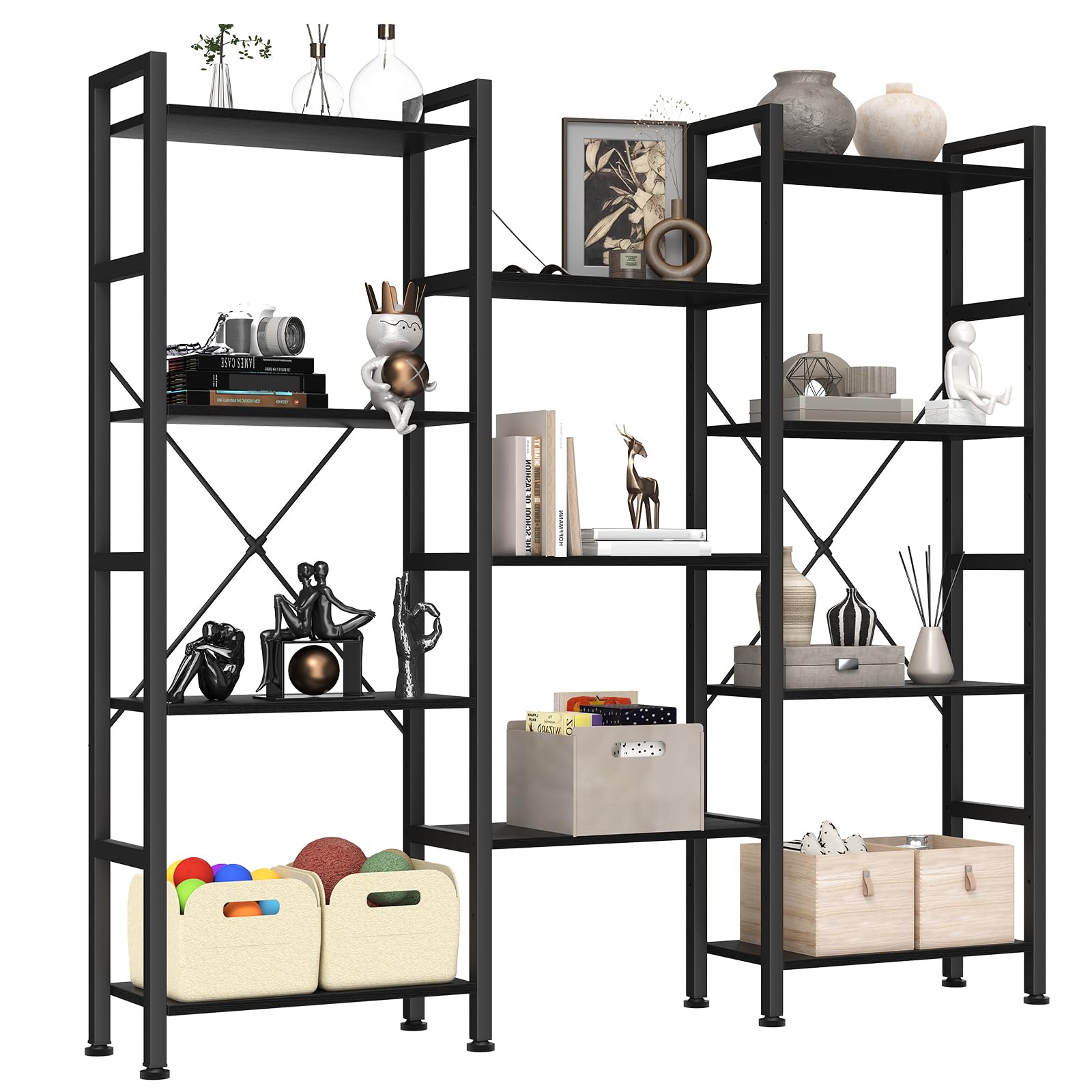 Photo 1 of ***MISSING PARTS***DUMOS Triple Column 4 Tier Bookshelf, Wide Industrial Bookcase, Black