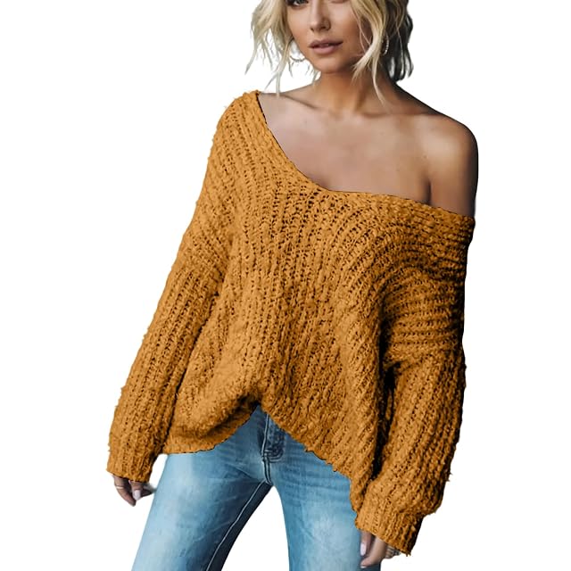 HXHYQKP Womens Off-The-Shoulder Sweater Loose Lightweight Pullover Top V-Neck Hollow Knitted Long-Sleeved Autumn