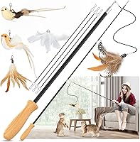 ROSAUI Cat Teaser Wand Toy - 43" Interactive Fishing Pole with Bird & Feather Refills, Sustainable Wooden Handle for Kittens
