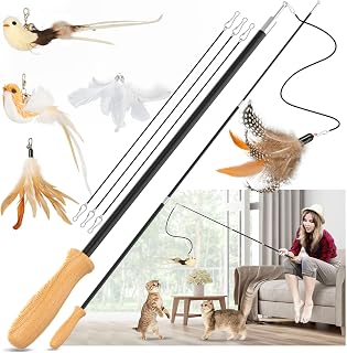 ROSAUI Cat Teaser Wand Toy - 43" Interactive Fishing Pole with Bird & Feather Refills, Sustainable Wooden Handle for Kittens