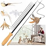 ROSAUI Cat Teaser Wand Toys, Interactive Bird Toys for Indoor Kittens, 42.15’’ Long Cat Fishing Pole Toys, 2Pcs Wires and 5Pcs Natural Refills, Sustainable Wooden Handles, Exercising, Playing Original Wand Set – 2 Rods, 5 Toys
