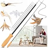 ROSAUI Cat Teaser Wand Toys, Interactive Bird Toys for Indoor Kittens, 42.15’’ Long Cat Fishing Pole Toys, 2Pcs Wires and 5Pcs Natural Refills, Sustainable Wooden Handles, Exercising, Playing