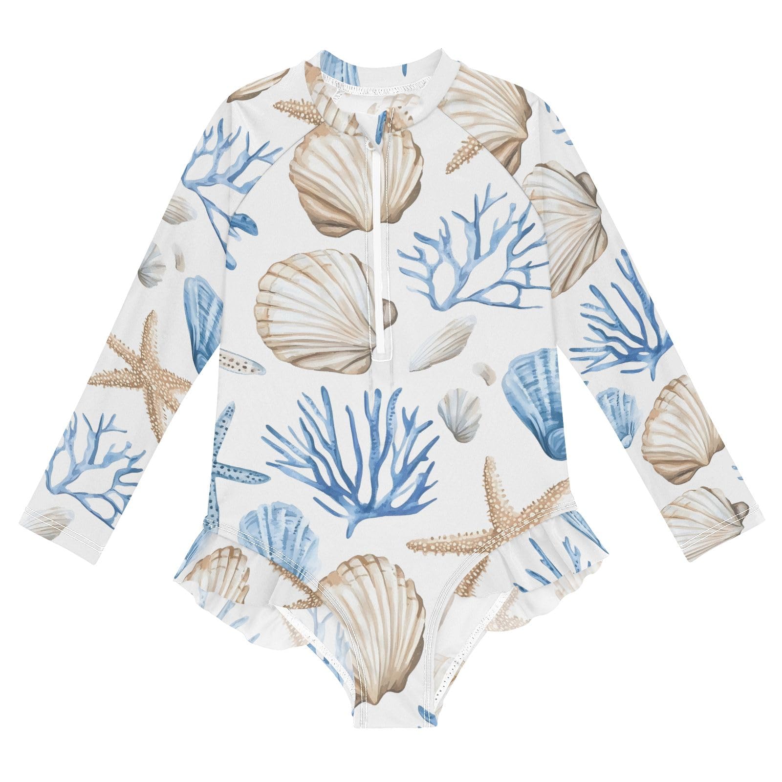 ALAZA Toddler Swimsuit Girl Bathing Suit Swimwear Rash Guard Coral Starfish Shell Long Sleeve 3T