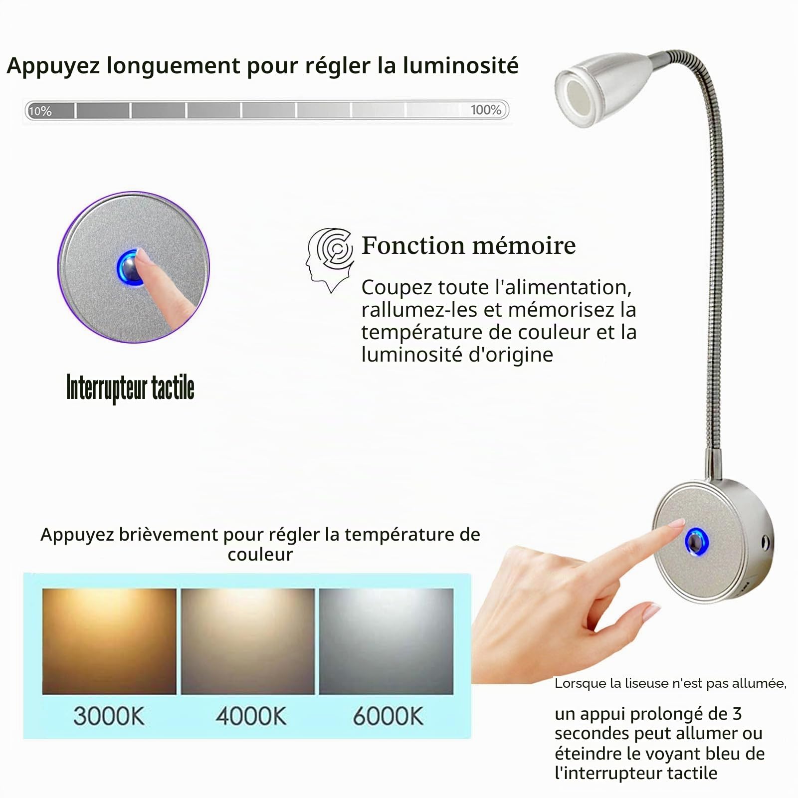 Lot de 2 ampoules LED 12 V pour camping-car, lampe de lecture 12 V, 3 températures de couleur, luminosité variable, col de cygne flexible, DC12-24 V pour voiture, camion, caravane