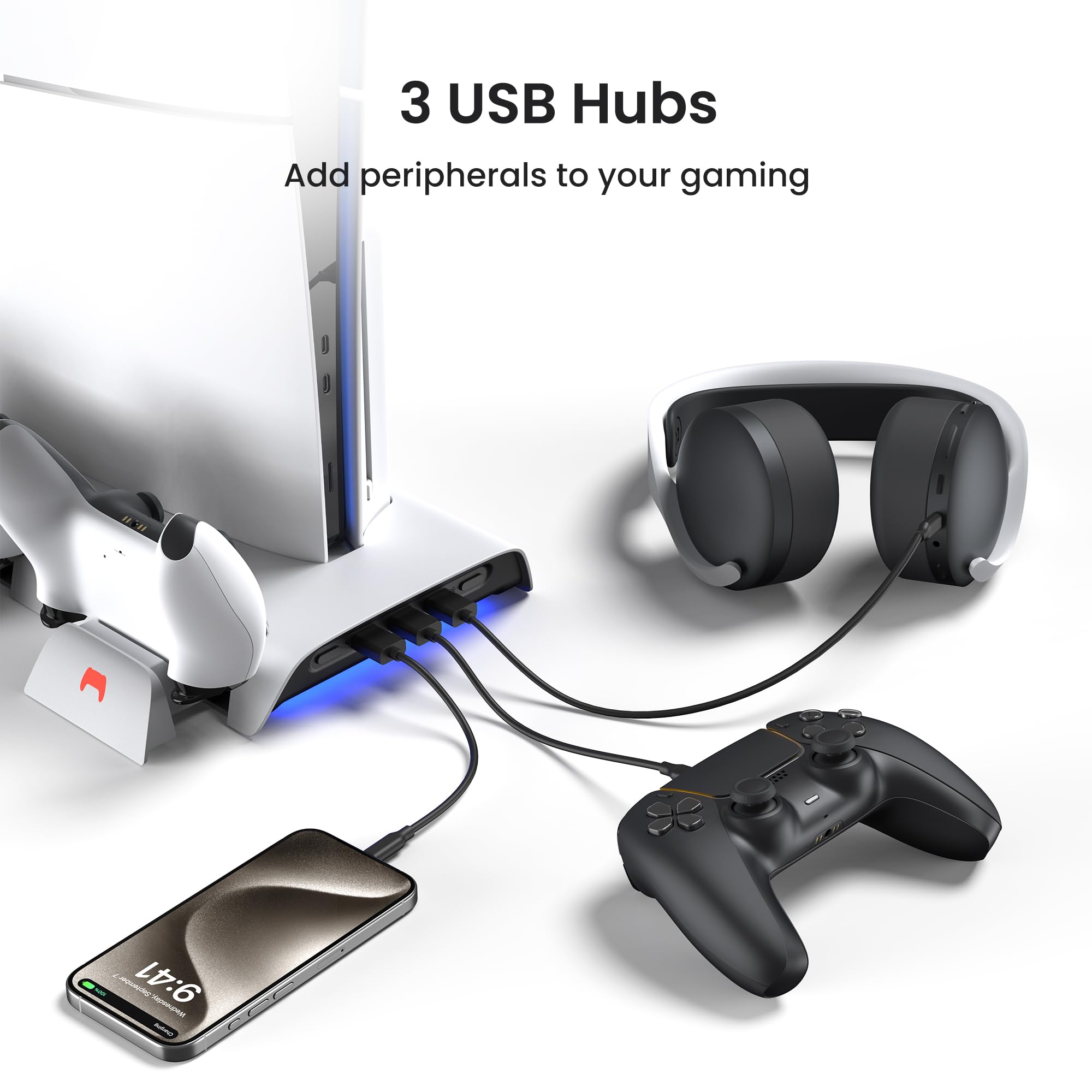 KIWI design D3 PS5 Slim Stacja chłodząca i ładowania | Kontroler RGB dla konsoli PlayStation 5 Slim, Ładowarka do kontrolera PS5, Wentylator chłodzący 2-poziomowy