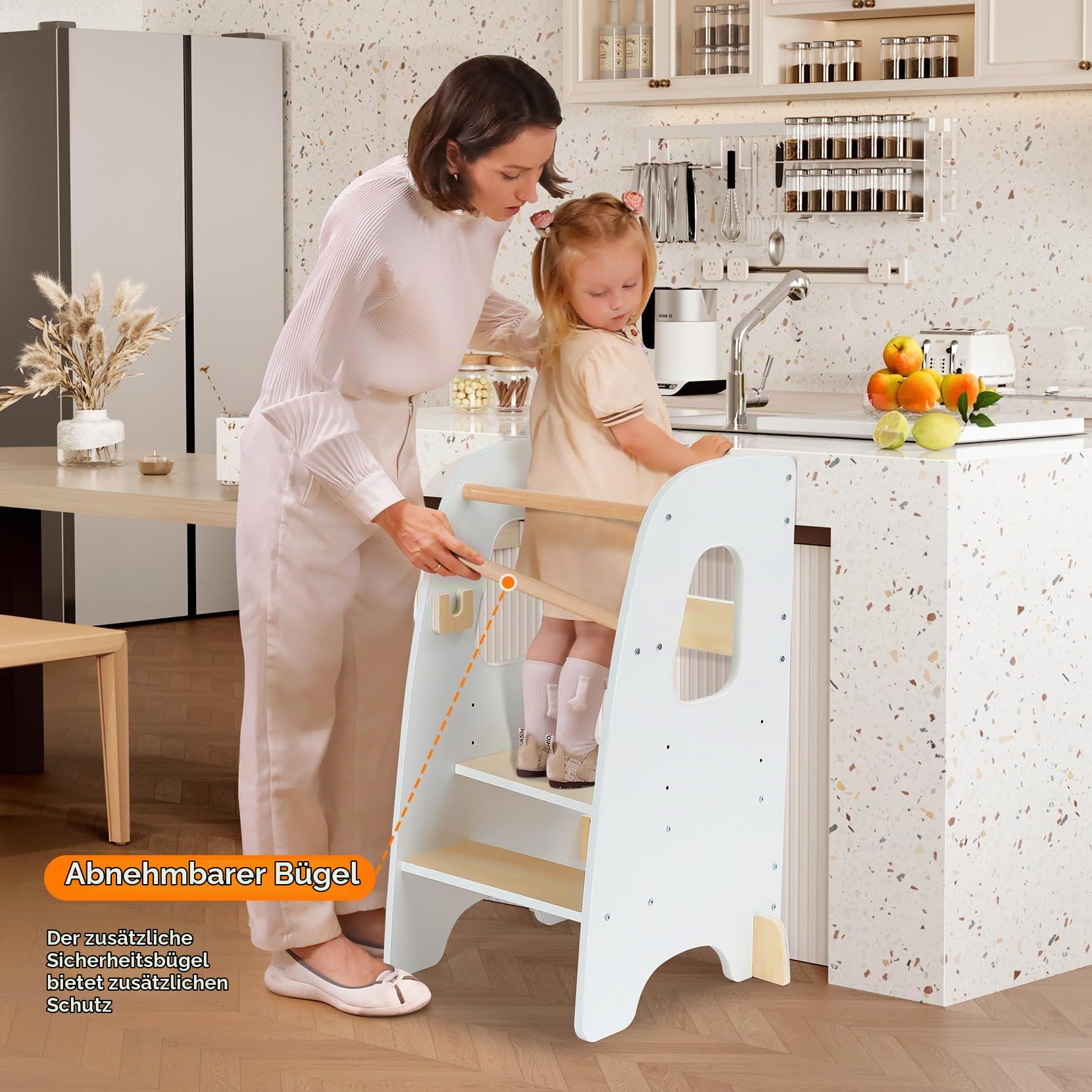 Ezebaby Lernturm ab 1 Jahr, Learning Tower, Höhenverstellbar Montessori Lernturm mit Kippschutz, Abnehmbare Sicherheitsgeländer, Massiv und Stylisch (Weiß)
