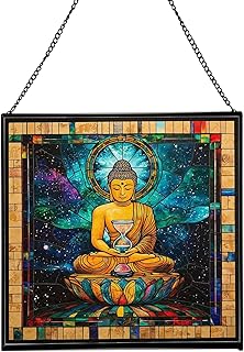 Buddha Cosmic Hourglass Stained Glass Suncatcher, 8in Square Window Hanging for Meditation Room, Zen Space, or Home Decor, Peaceful Glass Art Gift for Christmas or Thanksgiving 168OR6