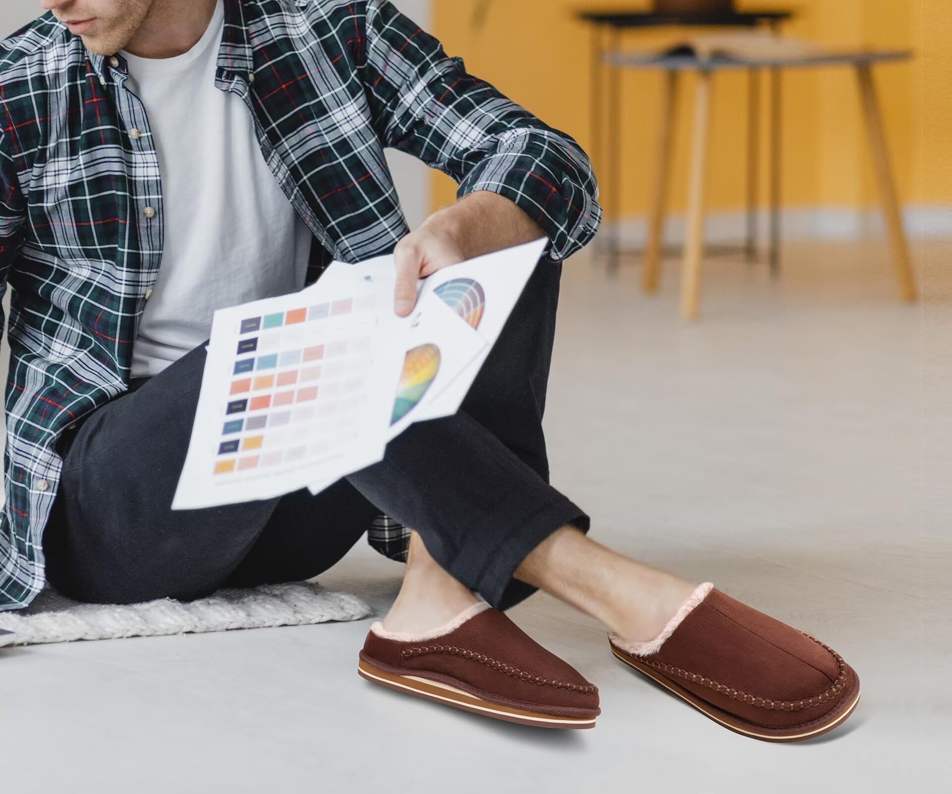 KuaiLu Comodo Pantofole da uomo plantare Cuciture fatte a mano microsuede Scivolare su Scarpe da casa Pelliccia sintetica calda Gomma