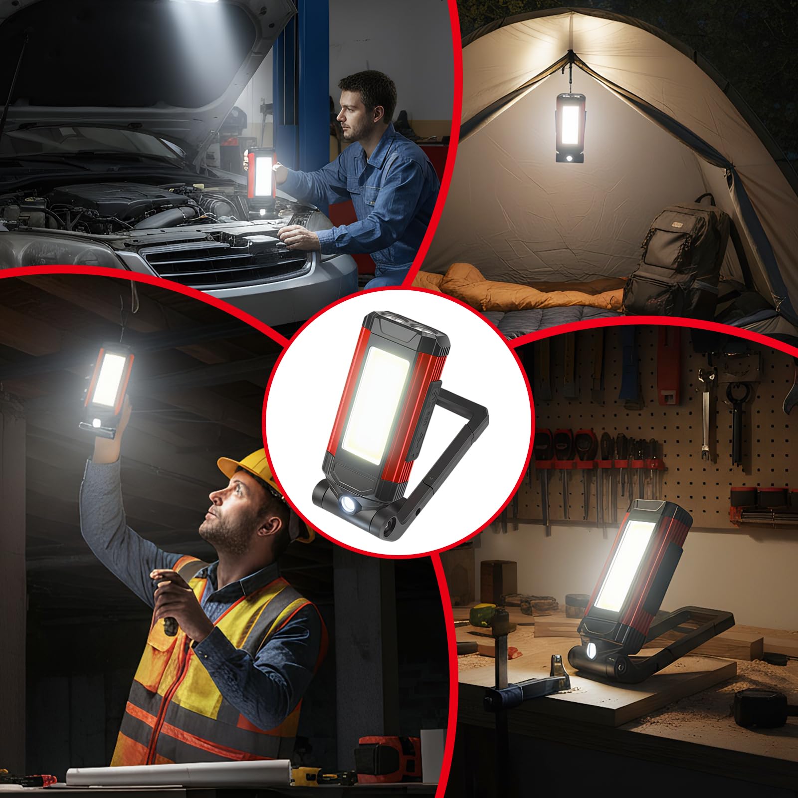 Lampada da Lavoro LED Ricaricabile, Lampada da Officina con Base Magnetica e Supporto Girevole 360°, 7 Modalità di Illuminazione, Torcia Portatile Impermeabile IPX6 per Auto, Officina e Campeggio