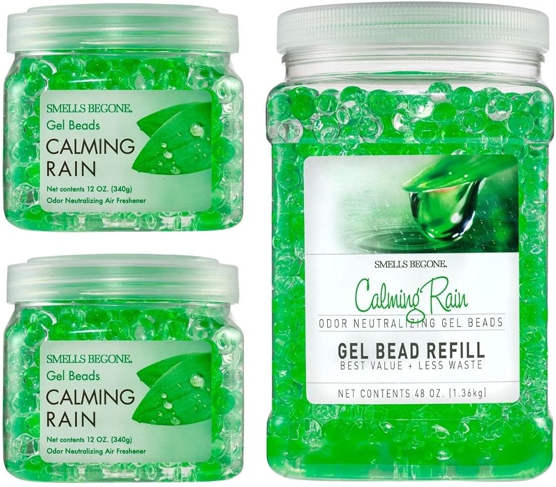 Smells Begone Odor Eliminator Gel Bead Value Pack - Air Freshener - Eliminates Odors in Bathrooms, Pet Areas, Boats, RVs and Cars - Made with Essential Oils - 2 x 12 Ounce + 48 Ounce Refill