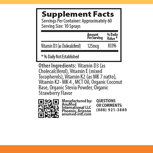 Miniatura 2 de Spray líquido de vitamina D3 K2 de 5,000 UI con aceite MCT orgánico, vitamina A (retinol) 1250 mcg, K2 (MK4, MK7) promueve el corazón, los huesos,