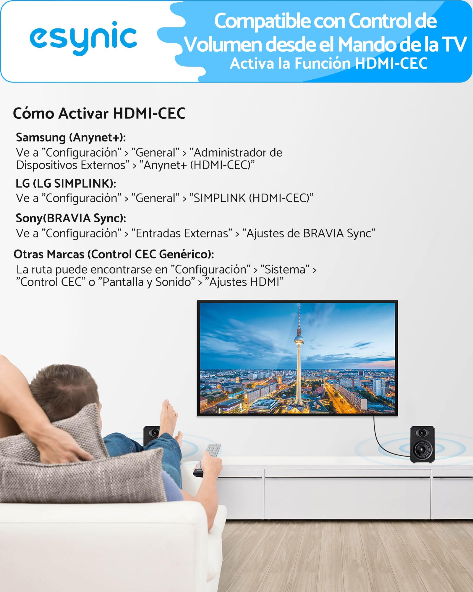 eSynic Cable HDMI eARC ARC a RCA Adaptador Audio TV a Amplificador Extractor Audio HDMI ARC a RCA Estéreo PCM Convertidor HDMI ARC Adapter con Control CEC para Altavoces Activos 1.5m USB Plug and Play