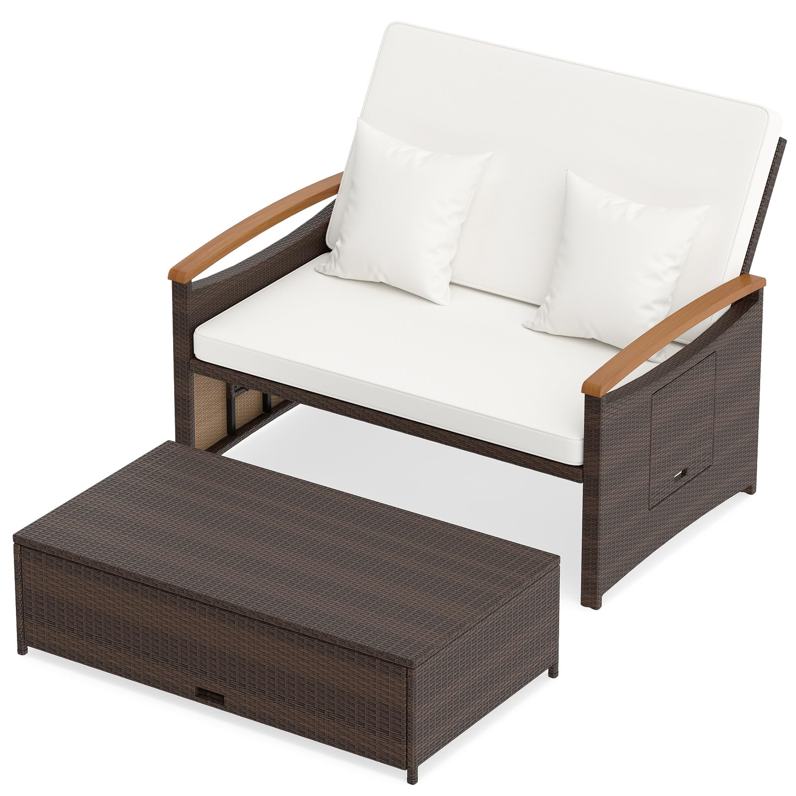 LIFEZEAL Lettino da giardino in polyrattan con pouf e cuscino, divano da giardino a 2 posti con schienale regolabile in 4 livelli, doppio lettino con tavolo laterale (Cuscino Bianco, Rattan Marrone)