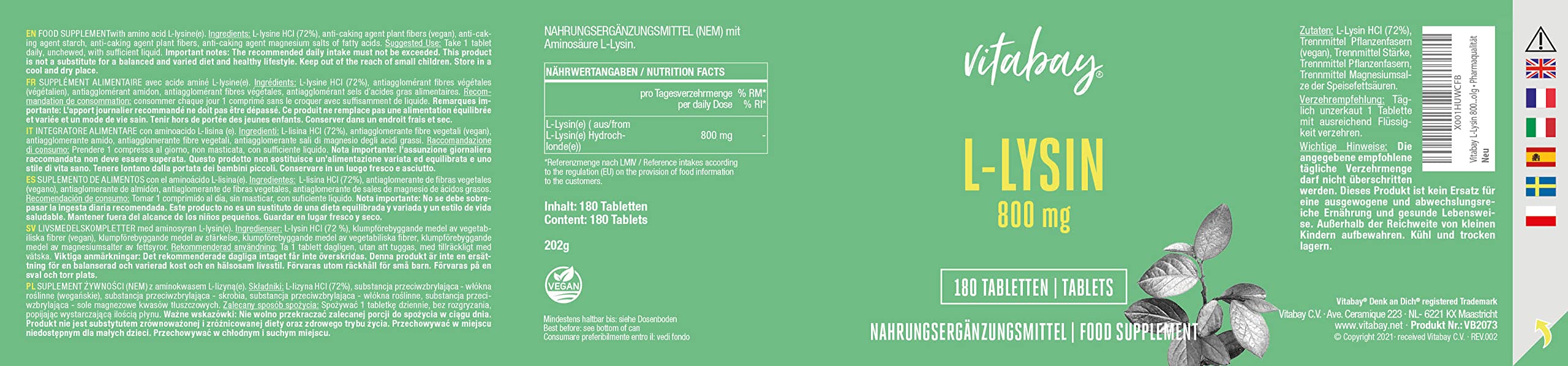 Vitabay Lisina ad alto dosaggio 800 mg – 180 compresse di L-lisina Vegan & Laboratorio – Aminoacido essenziale lisine capsule – senza additivi indesiderati