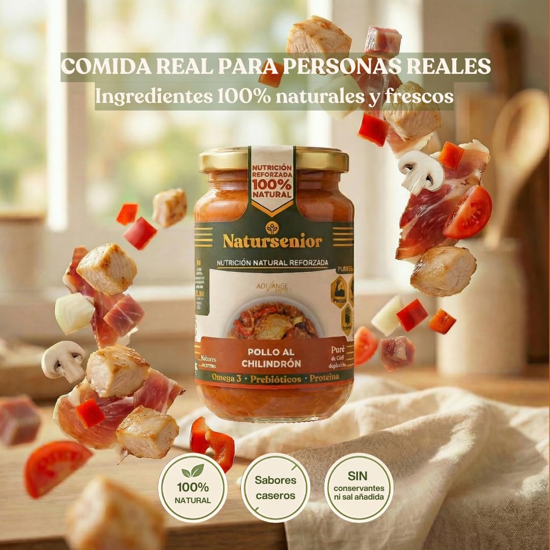 Natursenior - Comida Triturada para Personas Mayores - Pack Puré Pollo al Chilindrón - 100% Natural, Omega 3, Fibra, Proteína - 6 uds x 340g