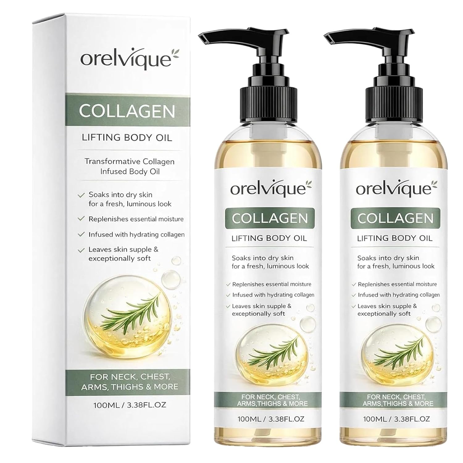 Orelvique Collagen Oil For Skin Tightening, Firming Moisturizing Oil for Arms, Legs, Neck & Face, Fast-Absorbing Non-Greasy Formula with Marine Collagen, Jojoba, Shea Butter, Aloe Vera (2pc)