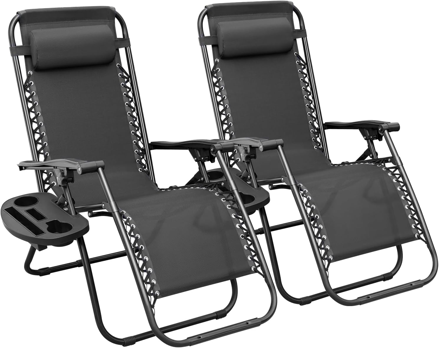 Greesum Zero Gravity Chairs Set of 2 Adjustable Steel Mesh Recliners Beach Deck Lawn Camping Patio Foldable Lounge Chair with Cup Holder Trays and Pillows,Black