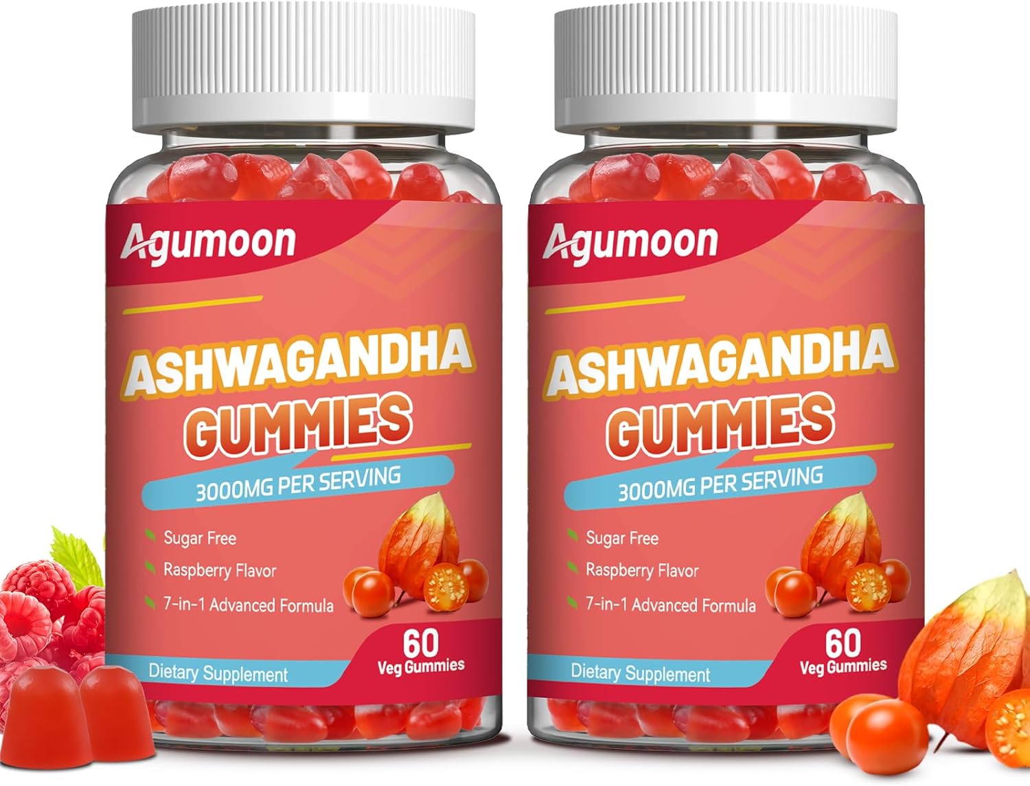 2 Pack Ashwagandha Gummies 3000mg for Stress Relief, Calm & Relaxation Support with Magnesium & Vitamin D, Vegan, Gluten-Free, Natural Raspberry Flavor, 120 Count