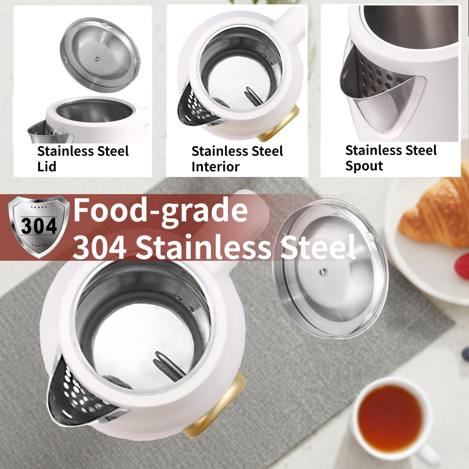 Retro Electric Kettle, 1.7L 304 Stainless Steel Tea Kettle with Temperature Gauge, 1500W Fast Boiling Water Boiler,Auto Shut-Off & Boil-Dry Protection, BPA-Free, Matte White and Gold