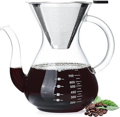Pour Over Coffee Maker,1000ml/34oz Paperless Borosilicate Glass Carafe and Reusable Stainless Steel Permanent Filter,Glass Coffee Pot,Manual Coffee Dripper Brewer