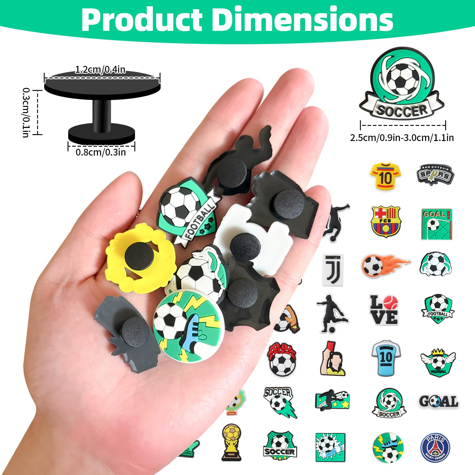 Juego de 42 colgantes para zuecos con tema de fútbol, estrella de fútbol de PVC desmontable, para Crocs, accesorios decorativos para zapatos, accesorios para niños, jóvenes, adultos, aficionados al