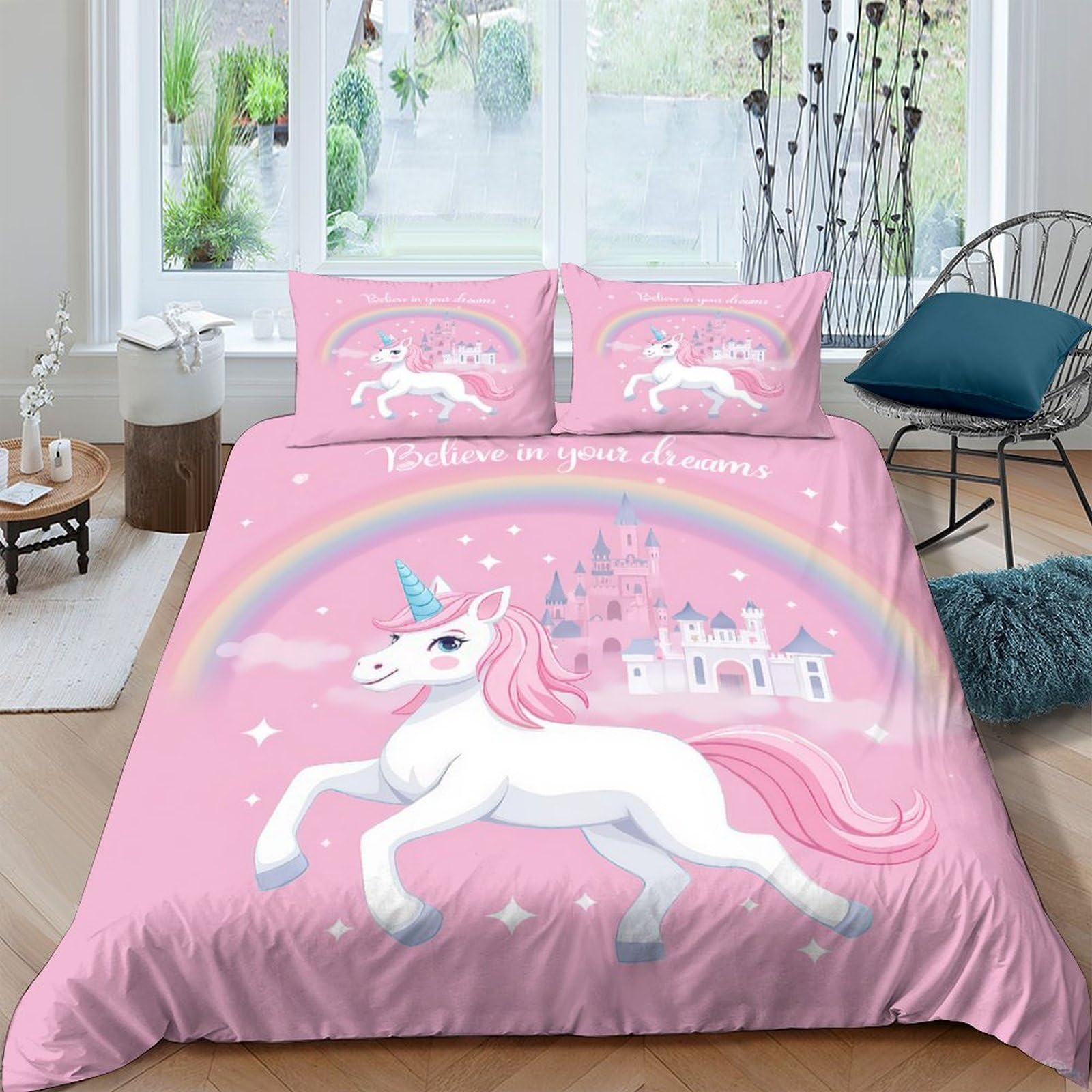 Ctjqhvkz Style-1 3D Printed Pink Unicorn Fitted Sheet Microfiber Soft Rainbow Castle Bed Cover Slip-Resistant, Washable For Bedroom Dorm Decor Single（135X200cm）