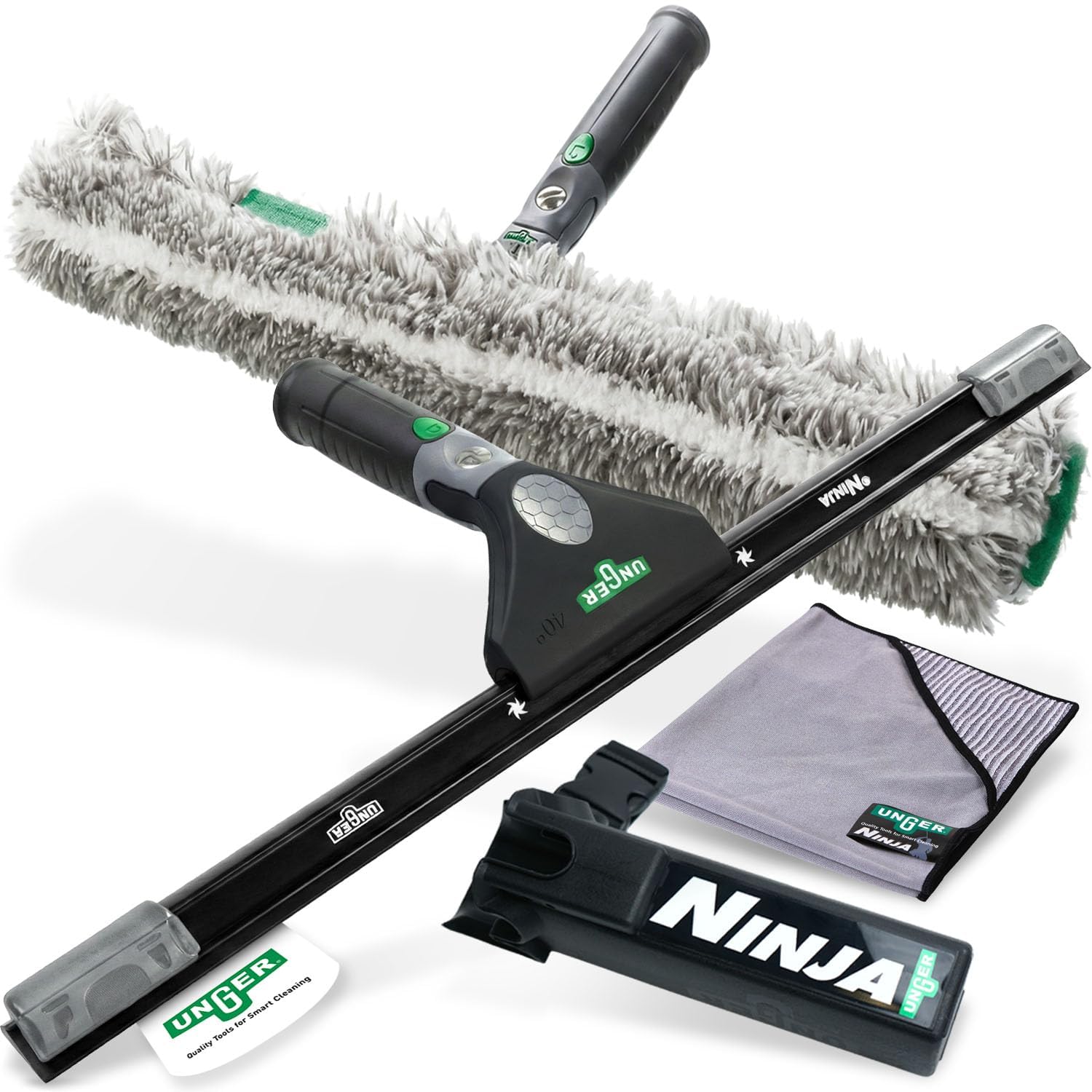 UNGER Ninja Profi Fensterreiniger 4in1 Advanced Kit – Premium Fensterputzer Set mit Profi Fensterabzieher, Fensterwischer, Mikrofasertuch und Bucket-on-a-Belt für professionelle Glasreinigung