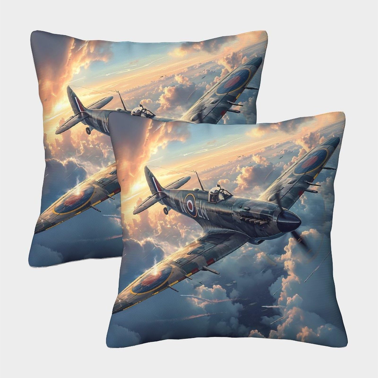 FELASBUID Vintage Fighter Plane—WWII Aerial Combat Style Pillow Cases Pack of 2 Cozy Pillowcases Cushion Cover with Zipper Decor Couch Living Room 45x45cm