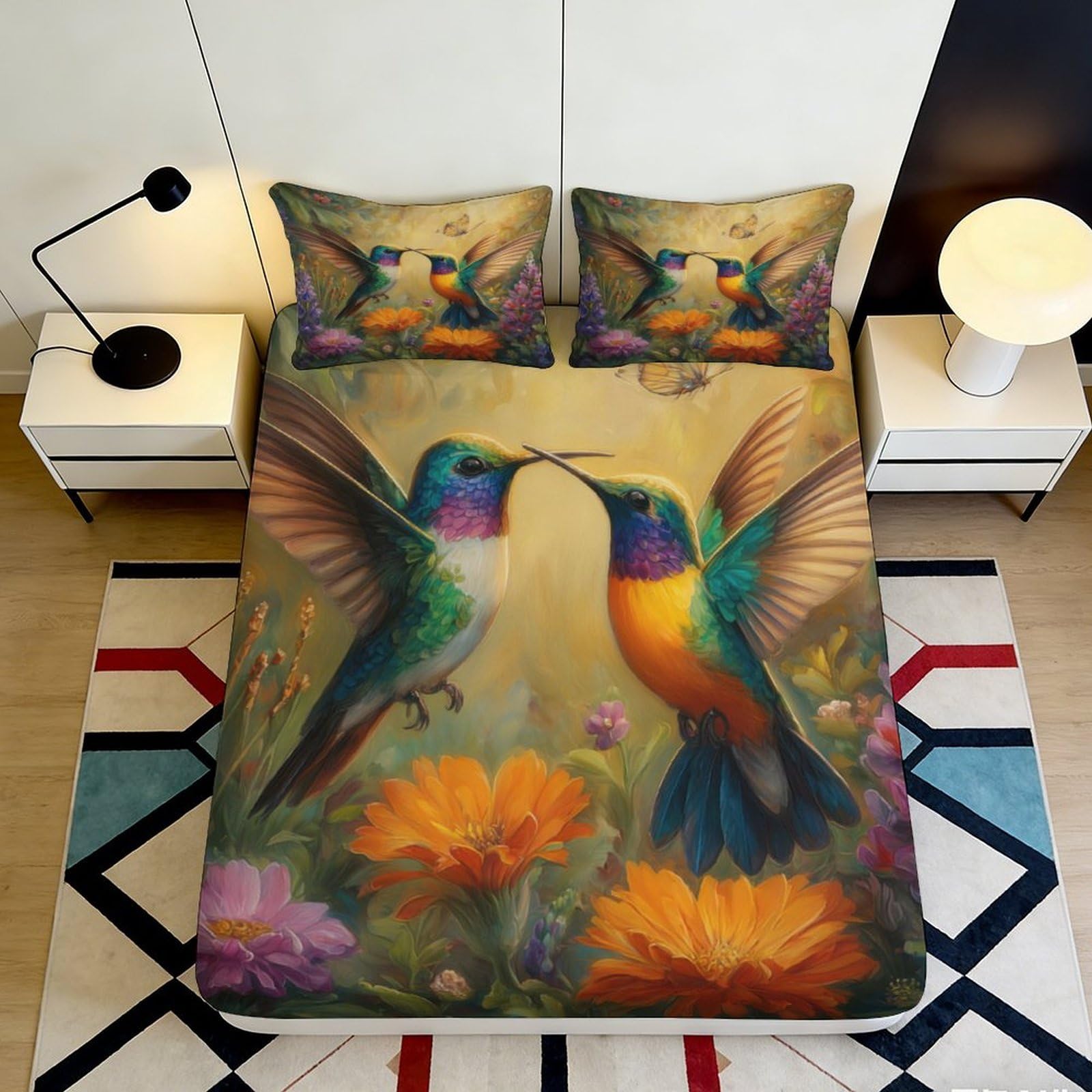 3D Printed Hummingbird Fitted Sheet Microfiber Soft Breathable Floral Bed Cover for Bedroom Dormitory Guest Room Mattress Protection Decoration 160x200x25cm