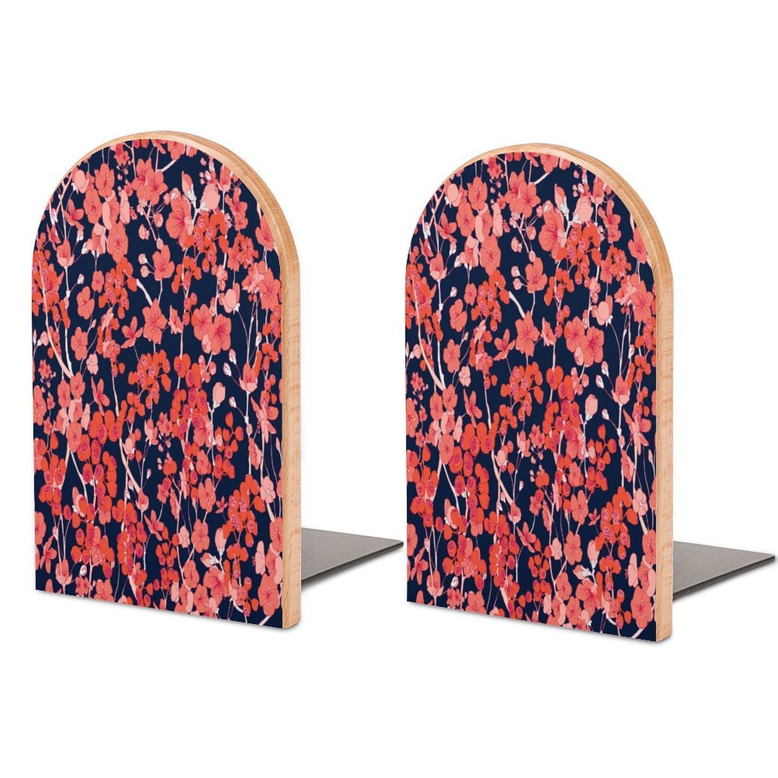 Red Floral Seamless Pattern Black Background Beech Wood Bookends Heavy Duty Book Organizers Desktop File Holder for Office Home Bookshelf