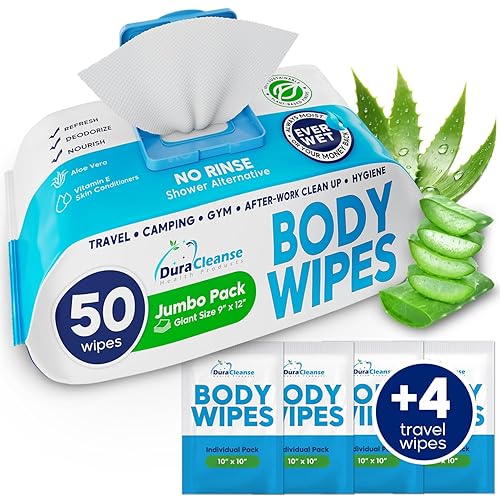 Toallitas corporales XL (50 unidades) + 4 toallitas de baño de viaje  9 x 12 pulgadas, toallitas de ducha de limpieza gruesas sin enjuague,