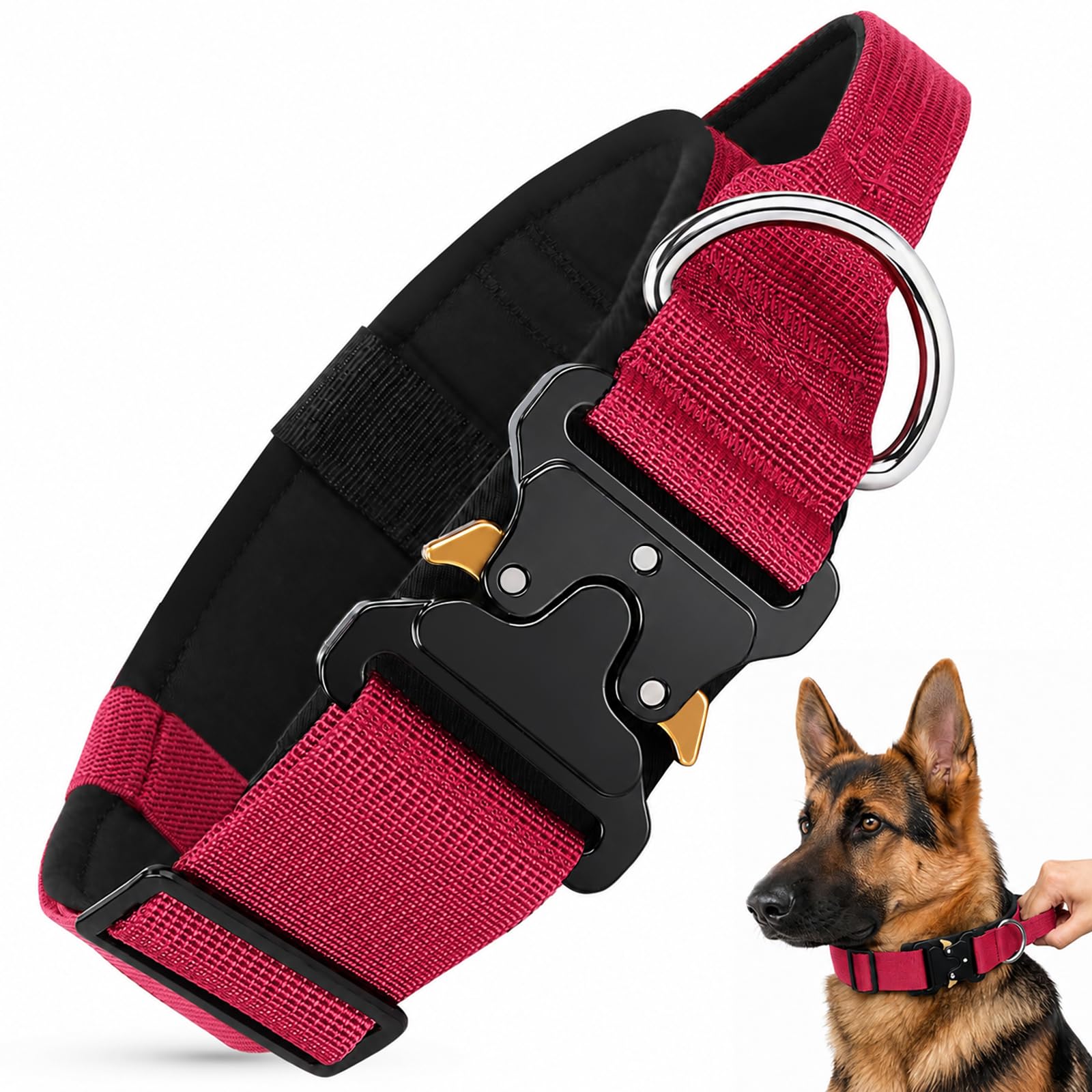 Tactical Dog Collar for Medium Large Dogs, Wide Heavy Duty Red Dog Collars with Handle and Metal Buckle, Adjustable Padded Collar for Dogs Outdoor Walking and Training (Red, XL)