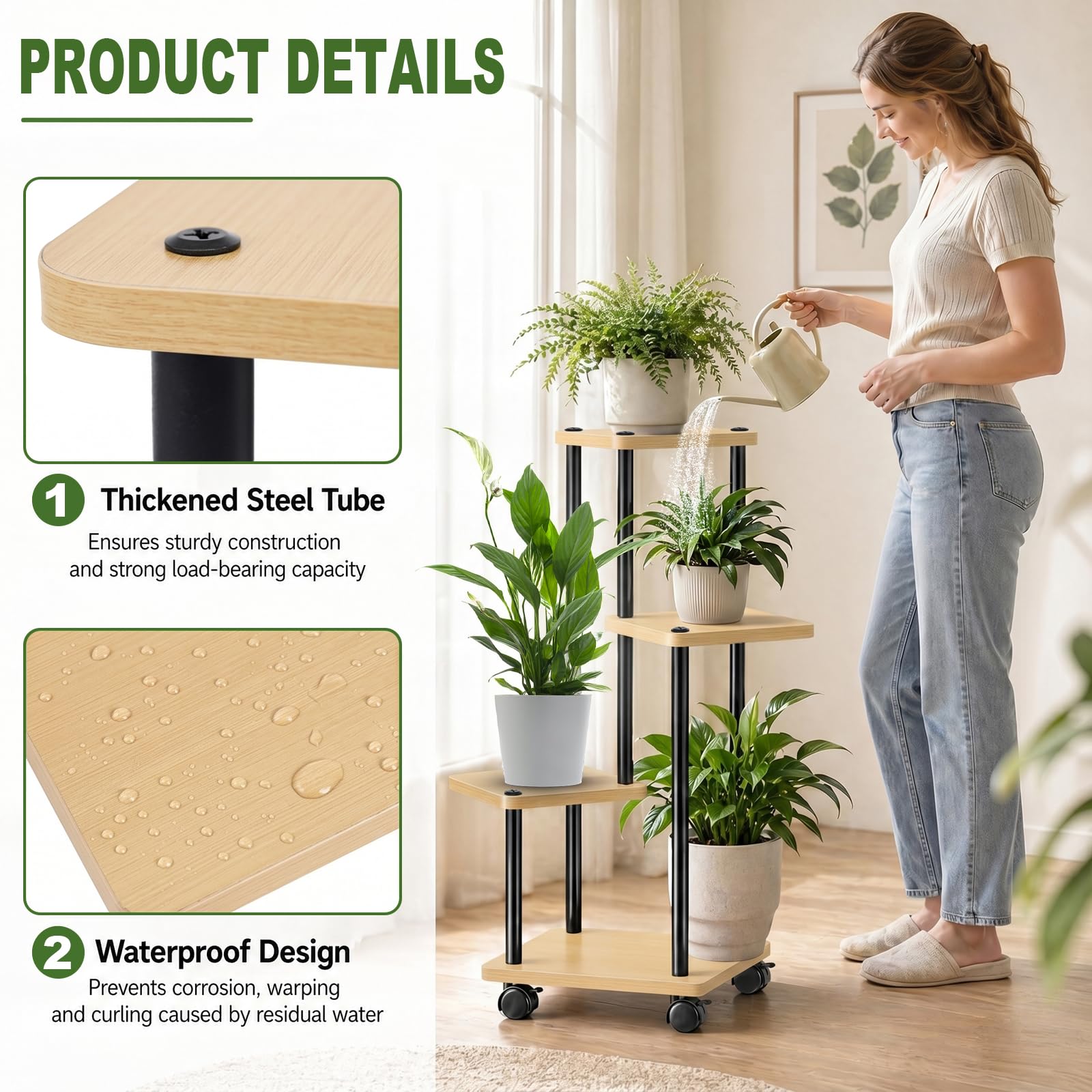 Support Plantes Intérieur À 5 Niveaux à roulettes, Porte Plante Intérieur, Étagère Plante En Métal Brun pour Intérieur Salon Jardin Extérieur (Sans Plantes)