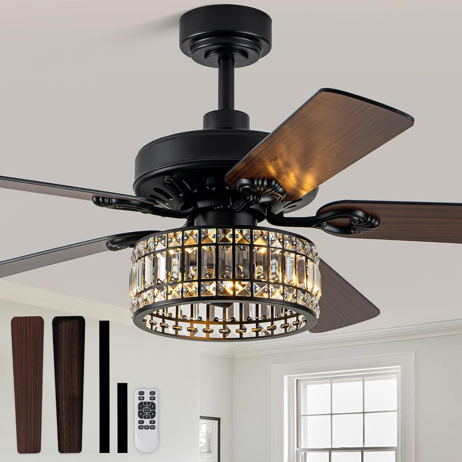 Bella Depot 52" Crystal Fandelier Ceiling Fan with Lights, Black Low Profile Modern Ceiling Fan, Quiet Reversible DC Motor, 6-Speed Remote Control for Living Room Bedroom Dining Room