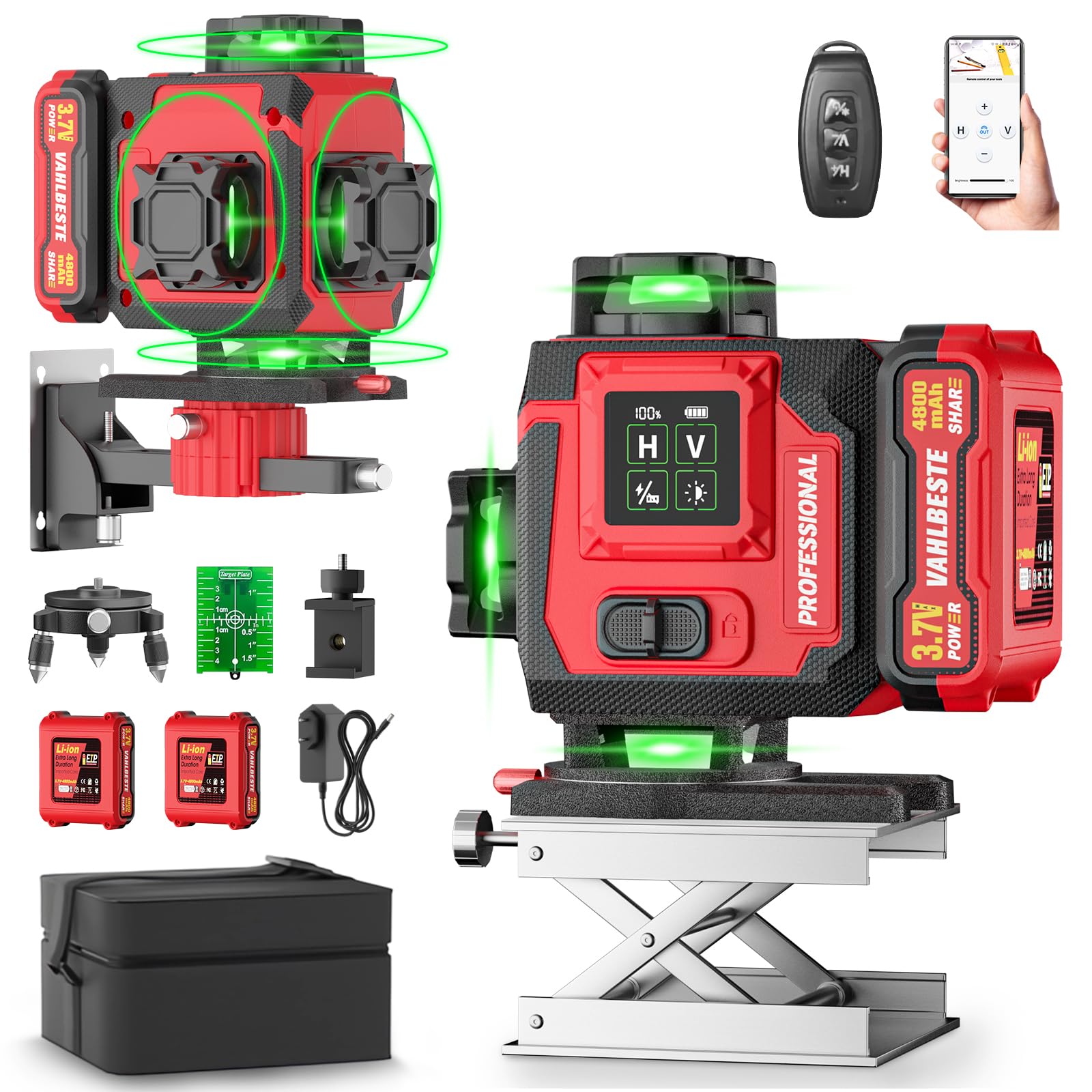 Niveau Laser, 4D 16 Lignes Laser Chantier avec 2x4800mAh Batterie/Grand écran LED, Niveau Laser 360 Autonivelant, APP, Télécommande, IP54 Étanche pour la Construction