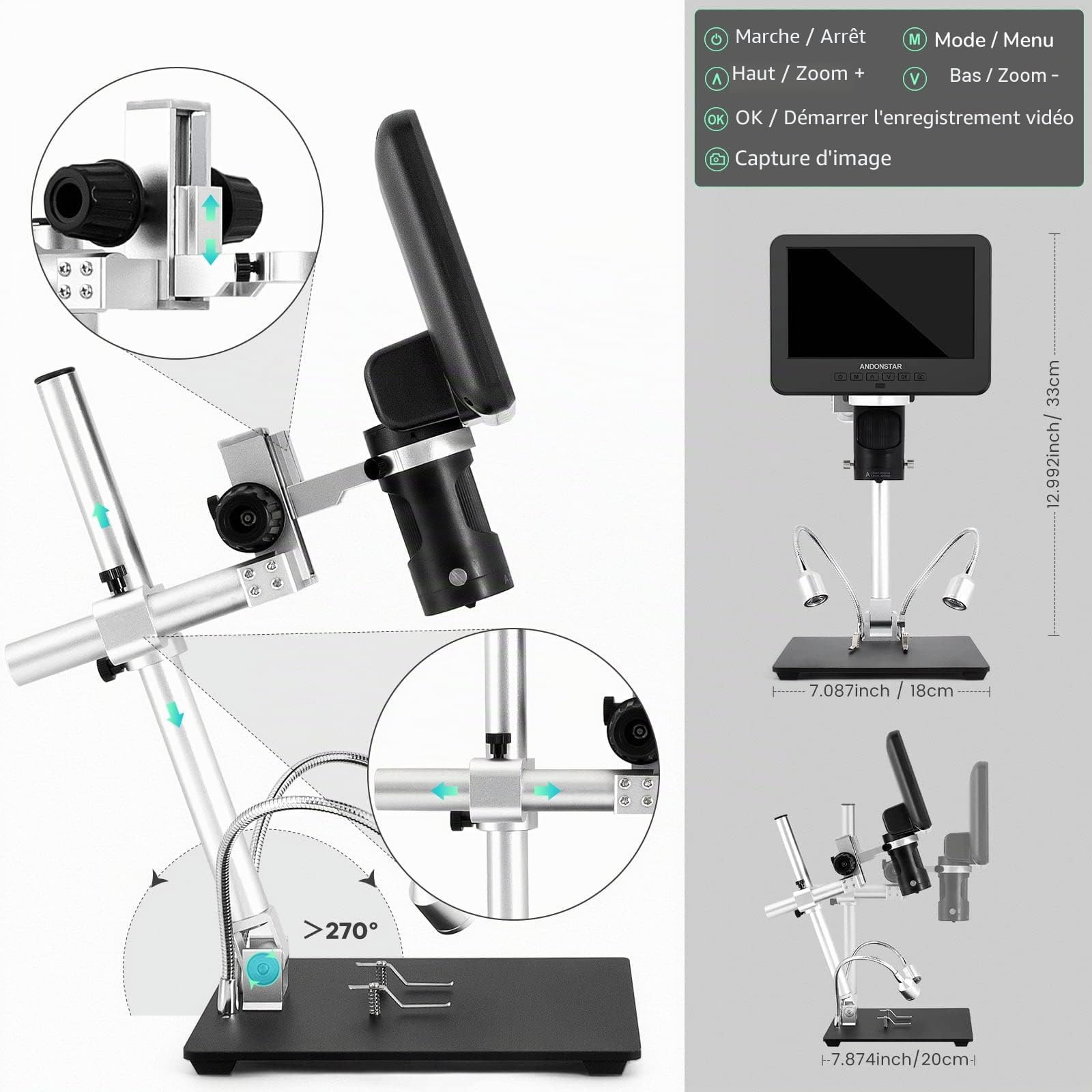 Andonstar AD246S Numérique HDMI 2000x Pour Adultes - Microscope à Souder LCD 7 Pouces Avec Enregistrement Vidéo UHD 2160P à 3 Lentilles - Kit Biologique Pour Pièces