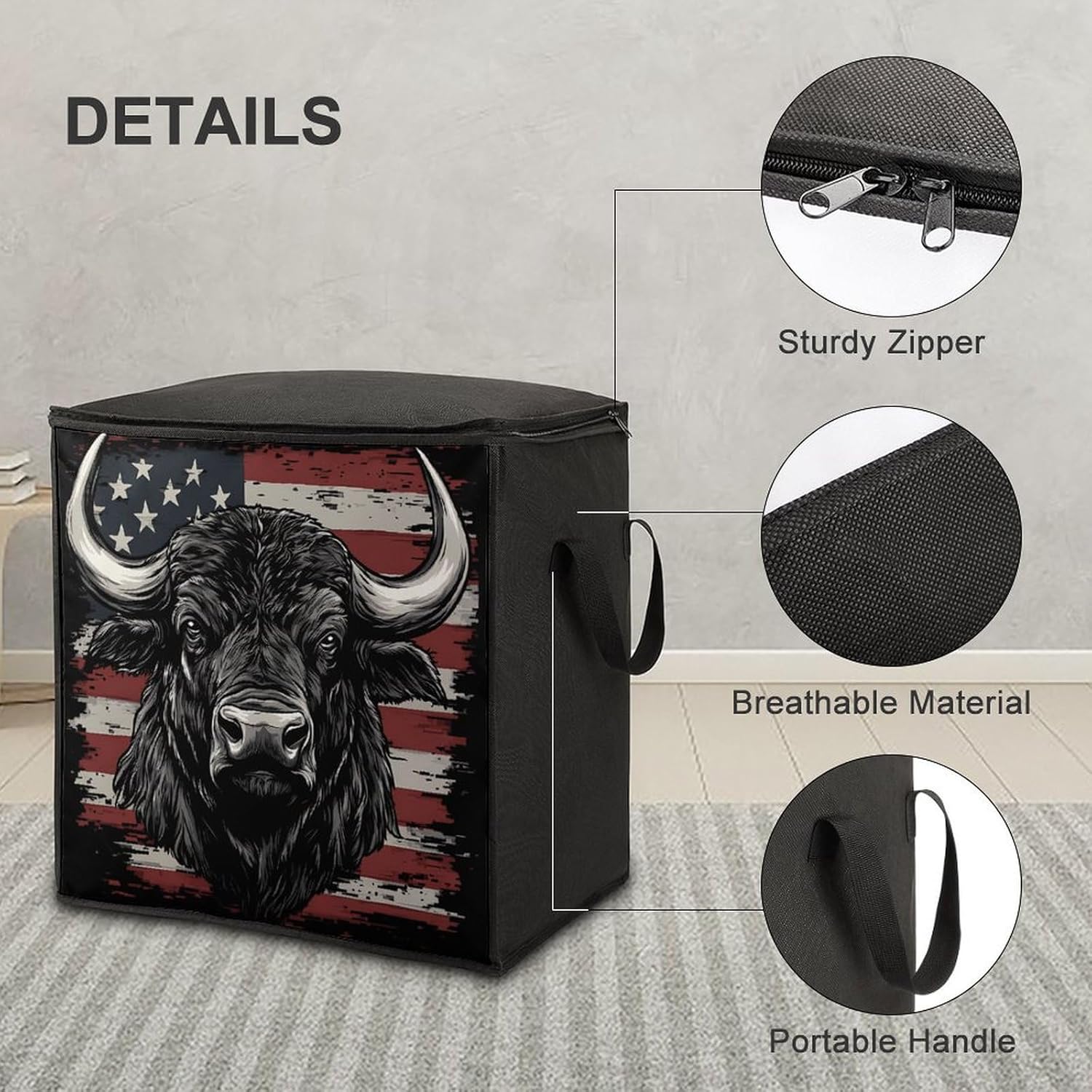 U.S.A Flag Buffalo Bison Bull Cow Large Comforter Blanket Storage Bags Bins 70L Closet Organizer with Handles