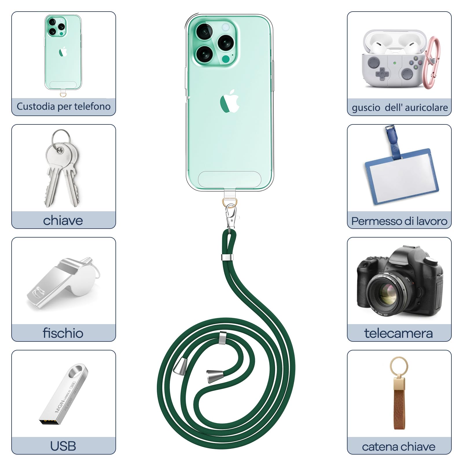 caslord Cordino per Cellulare*1, Trasparente Patch Universali*2, Adatto a Tutti Gli Smartphone, Cinturino per Cellulare Abbinabile a Qualsiasi Custodia, Regolabile e Rimovibile - Verde scuro
