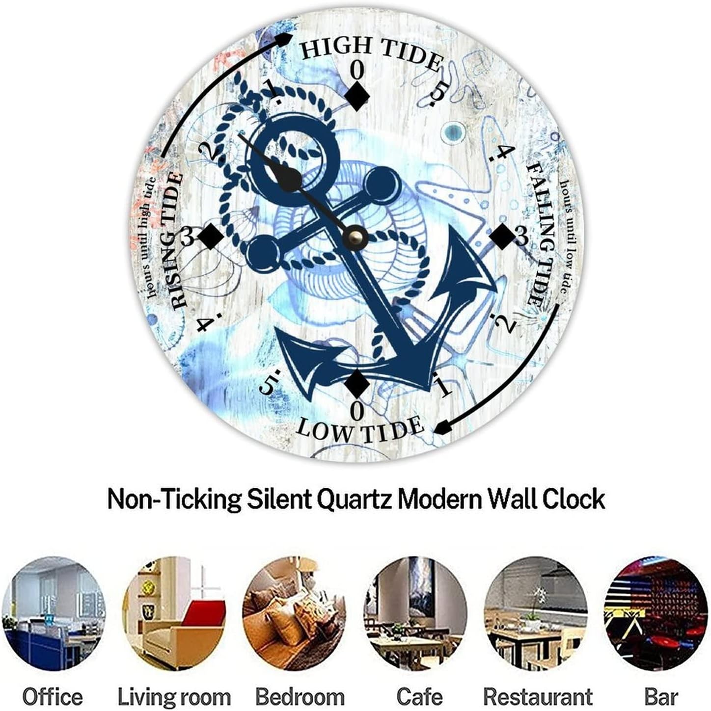 Vintage Ocean Anchor Wood Tidal Clock Ocean Time Coastal High Tide Low Tide Clock Rustic Wooden Nautical Tide Movement Vintage Decor for Beach House Kitchen Wall Art 15 Inch