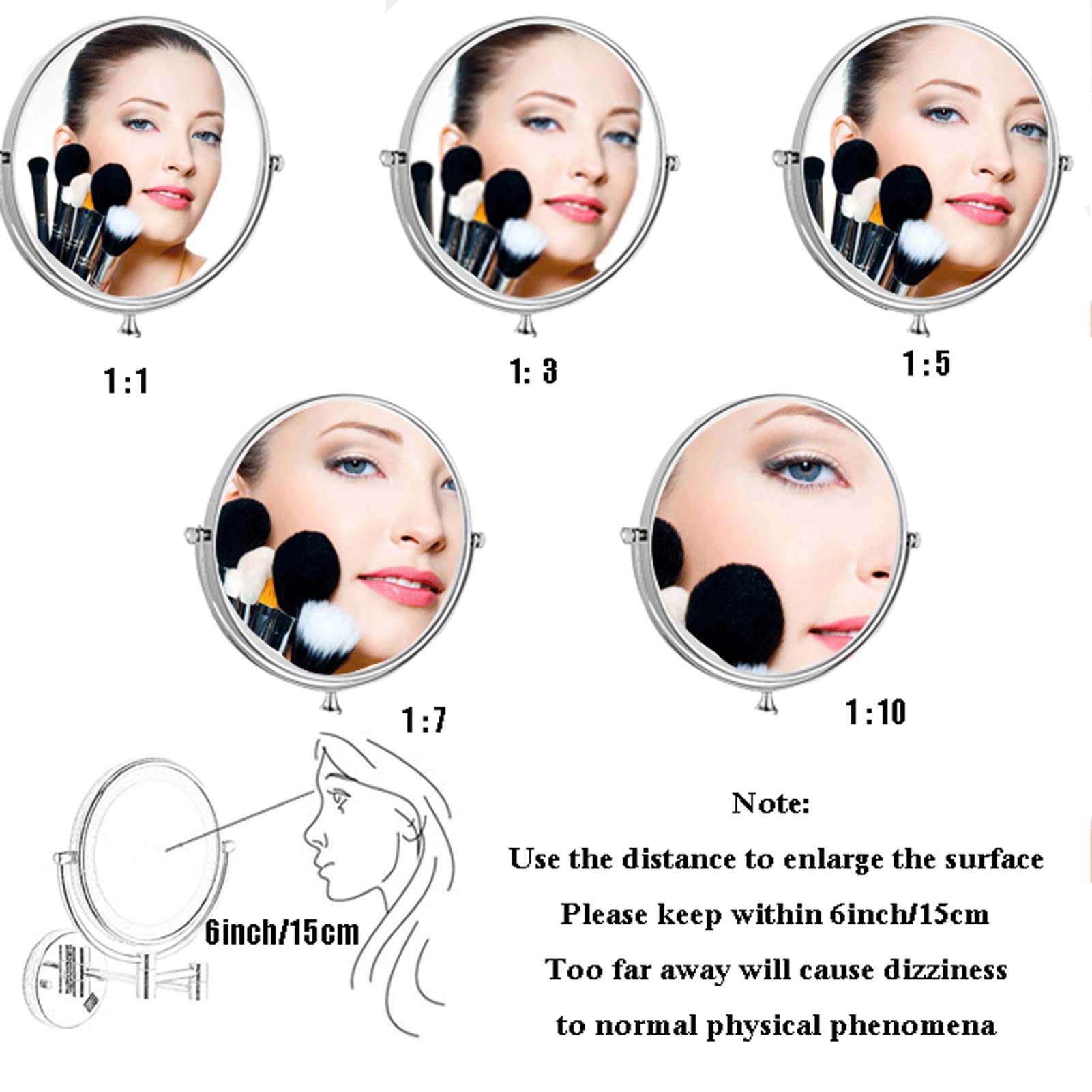 Specchio per Il Trucco da Parete, Specchio Cosmetico da Parete, Lente d'Ingrandimento del Bagno, Rotazione a 360° Ingrandimento Estensibile, per Bagno Hotel (Silver 8inch7x)