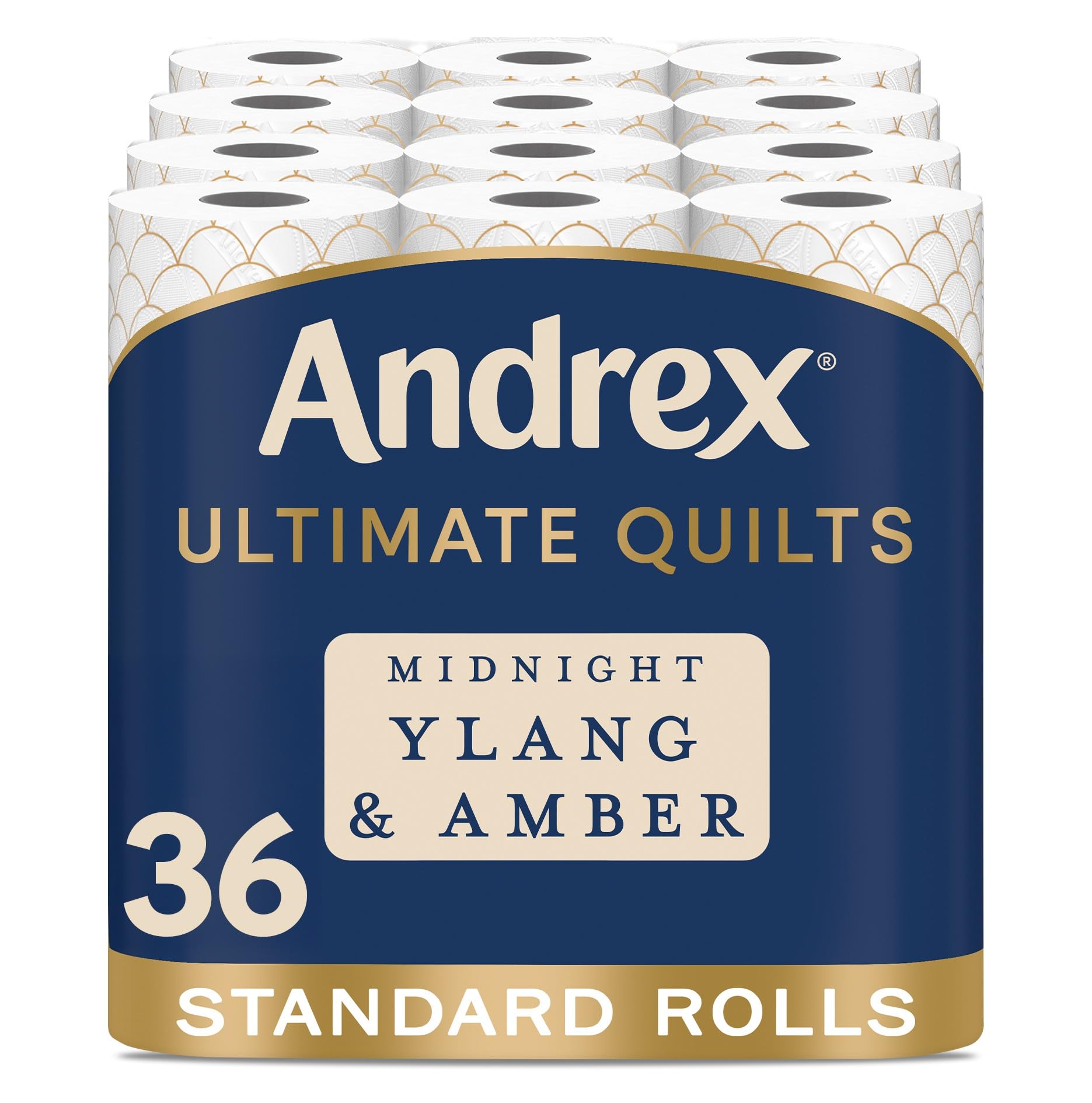 Andrex Ultimate Quilts - Carta igienica da 36 rotoli con fragranza Midnight Ylang e ambra, tecnologia Air Pocket per lenzuola morbide e spesse, confezione da 36 rotoli di carta igienica trapuntata