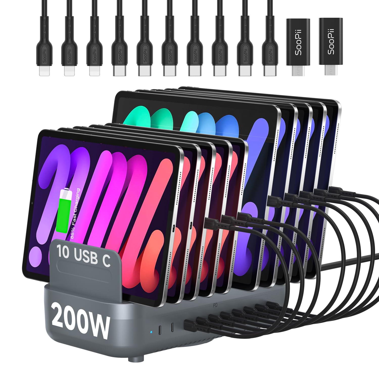 SooPii 200W USB-C Ladestation, 10-Port PD Schnellladegerät mit 20W Max pro Port, 10 gemischte Kurze Kabel inklusive, Ladeorganizer für Handys, Tablets und andere Elektronikgeräte (Grau)