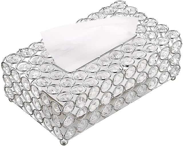 SUMNACON Crystal tissue Box holder tissue Organizer for dining room,bedroom,dresser decoration (silver,Rectangular)