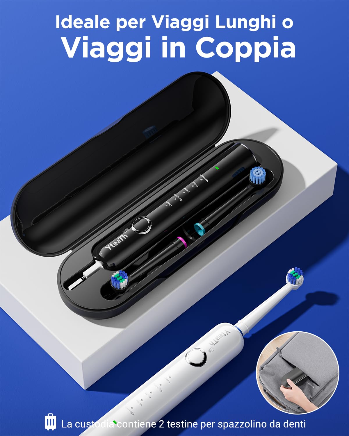 Spazzolino Elettrico Rotante per Adulti - 2 Spazzolino Denti Rotante con 10 Testine e 2 Custodia da Viaggio, 5 Modalità, Impermeabile IPX7, Spazzolino Elettrico da Viaggio Ricaricabile, Nero e Bianco