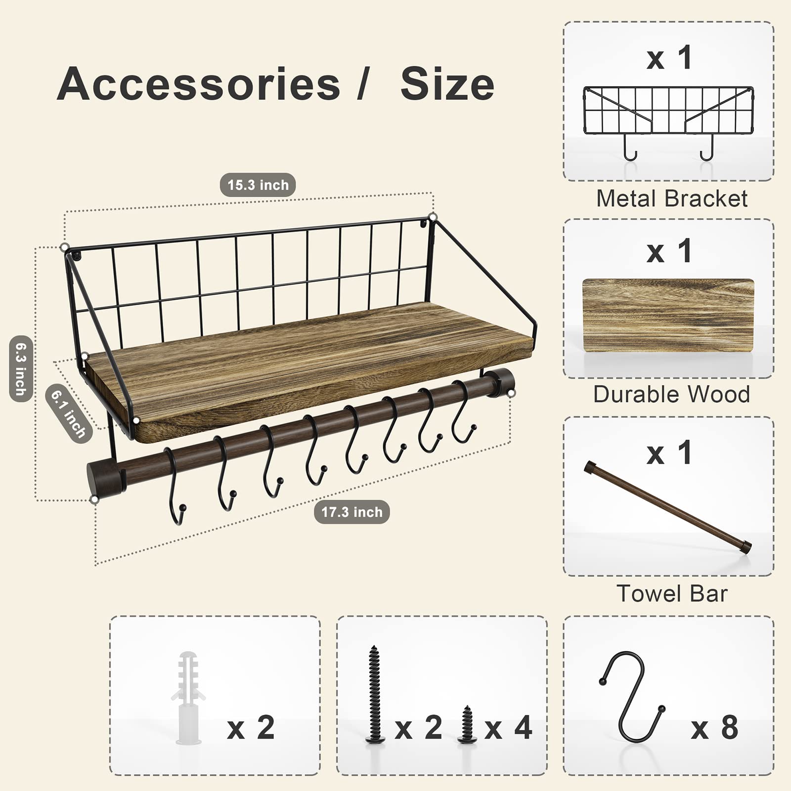 Alsonerbay Floating Shelves Wood Shelves for Wall, Rustic Wood Kitchen Shelf with Towel Bar and 8 Removable Hooks for Hanging Cooking Utensils or Mugs