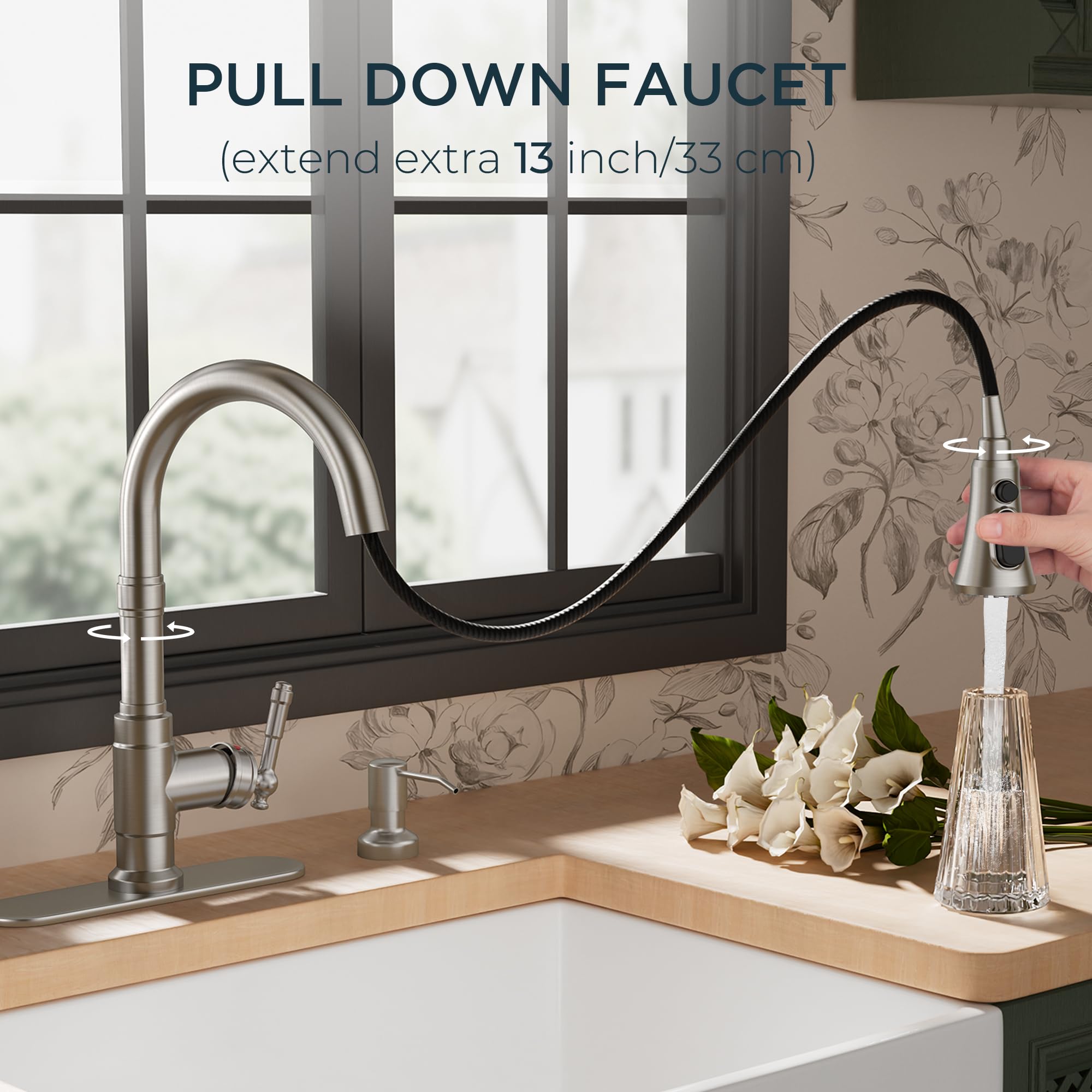 Grifo de cocina vintage con dispensador de jabón y rociador extraíble, grifo clásico de acero inoxidable de arco alto con manija única, acabado níquel cepillado, ideal para casas de campo, caravana