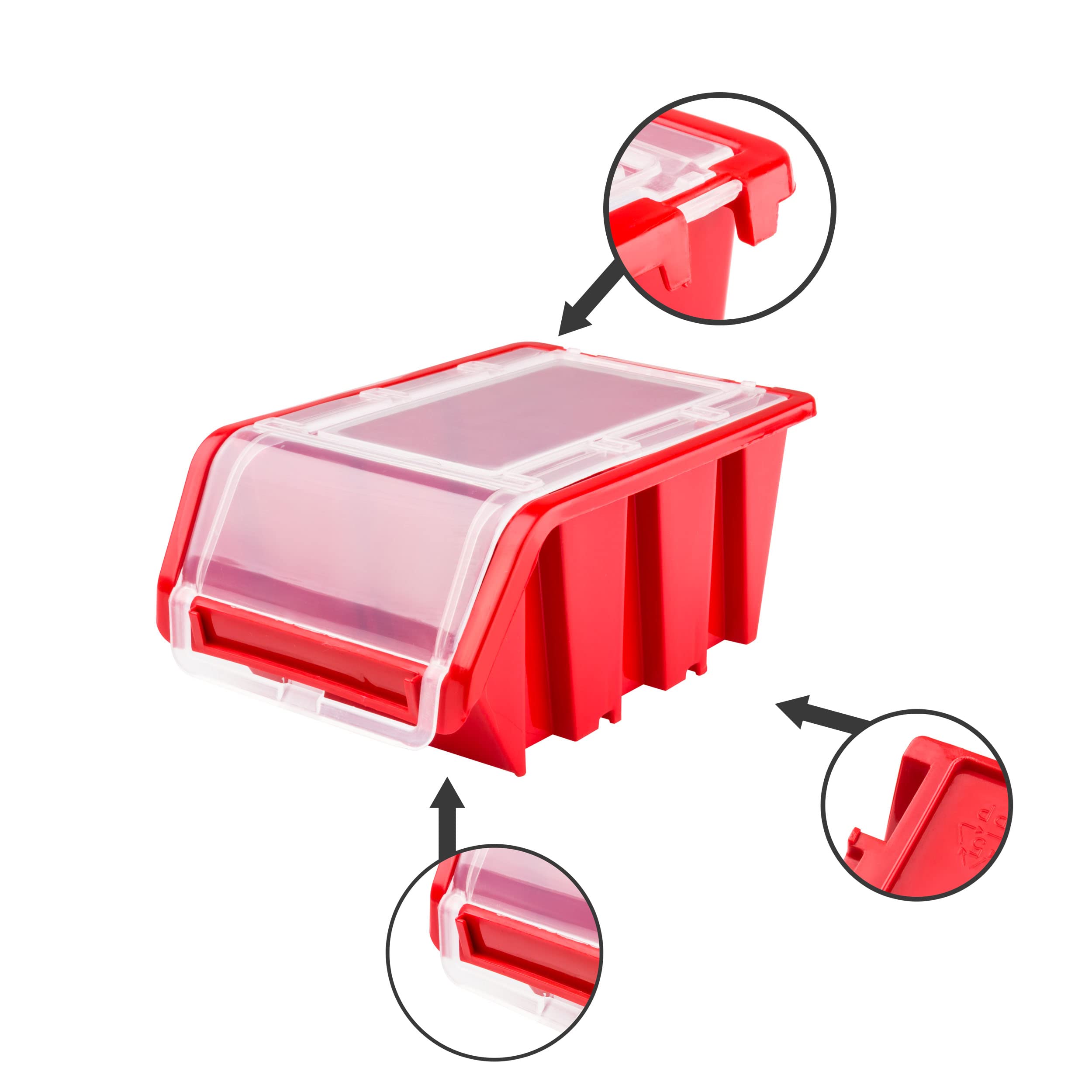 SimpleThing 100 Stück Stapelboxen mit Deckel Größe 100 x 155 x 70 mm Farbe Rot | Werkstatt Wandregal Sortierbox Stapelkiste