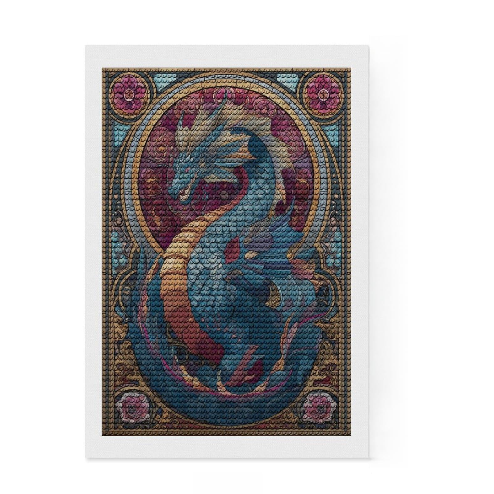 Junmoney Stained Glass Dragon Full Drill Diamond Painting Kit 8"x12", for Adults, Good for Quiet Evenings, Farmhouse Decor, Holiday Gift Idea