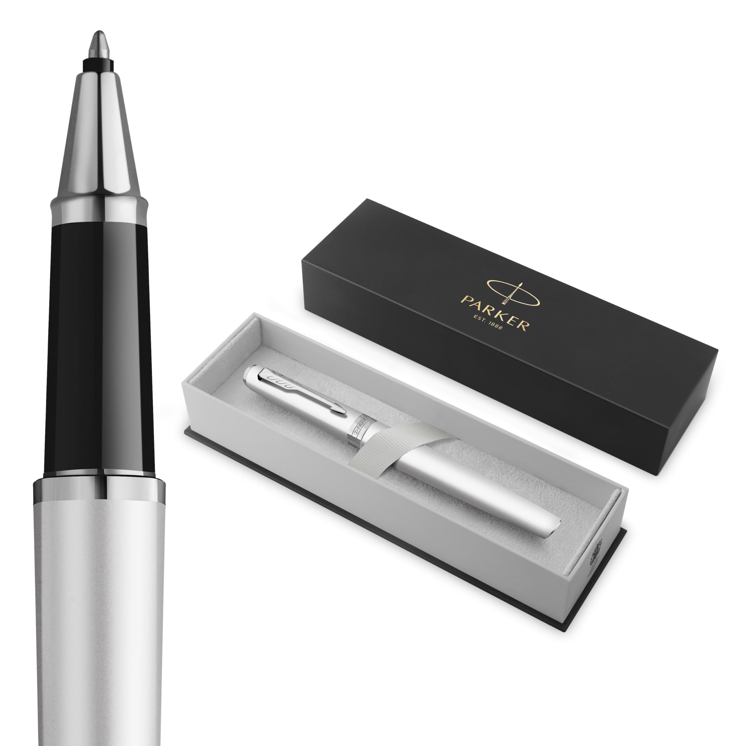 PARKER Meridian Rollerball Pen | Chrome Lacquer with Chrome Trims | Fine Nib | Handwriting Pens & Stationery Supplies | Black Ink | Luxury Gift Box