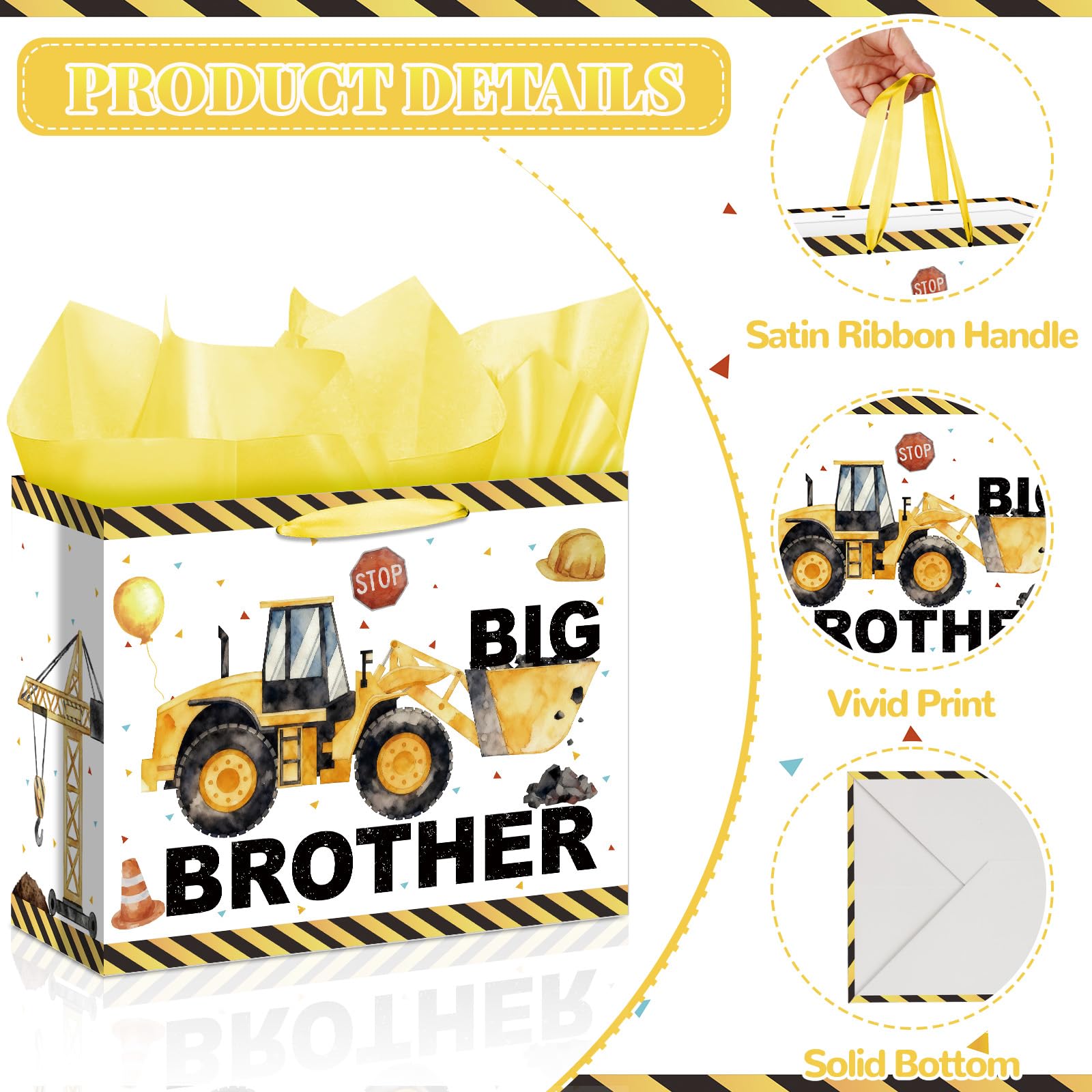 Big Brother Gift Bag for Boys Big Bro Birthday Gift Bag with Wrapping Paper Card Sticker Envelope Construction Gifts for Little Boy Son Grandson Nephew New Baby Birthday Party Decorations Supplies